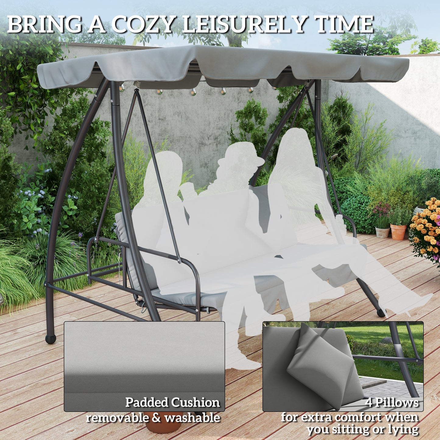 Outdoor 2-in-1 Swing Chair Lounger 3 Seater Garden Swing Seat Bed
