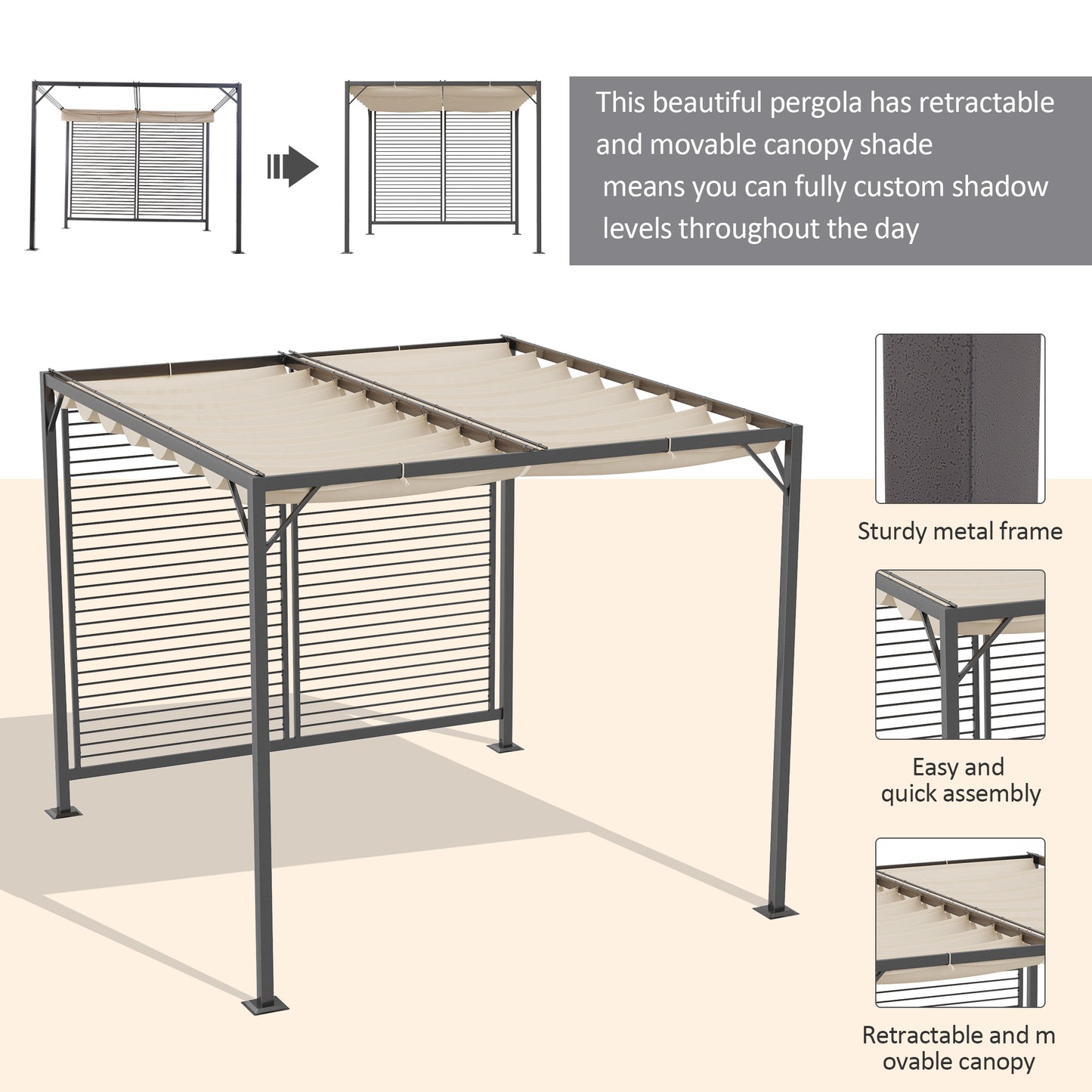 3 x 2.8m Metal Pergola, with Retractable Fabric Roof