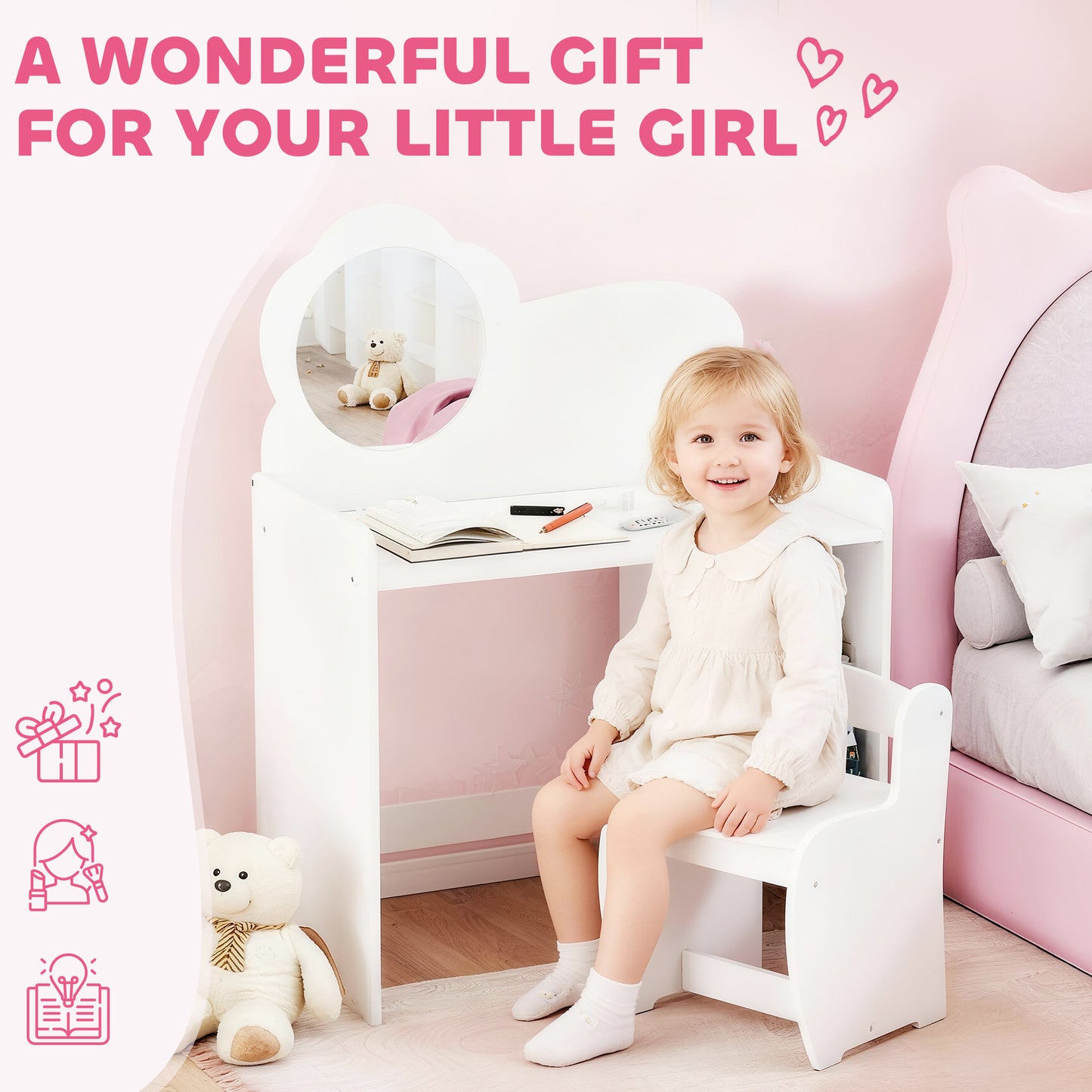 Kids Dressing Table with Mirror, Stool