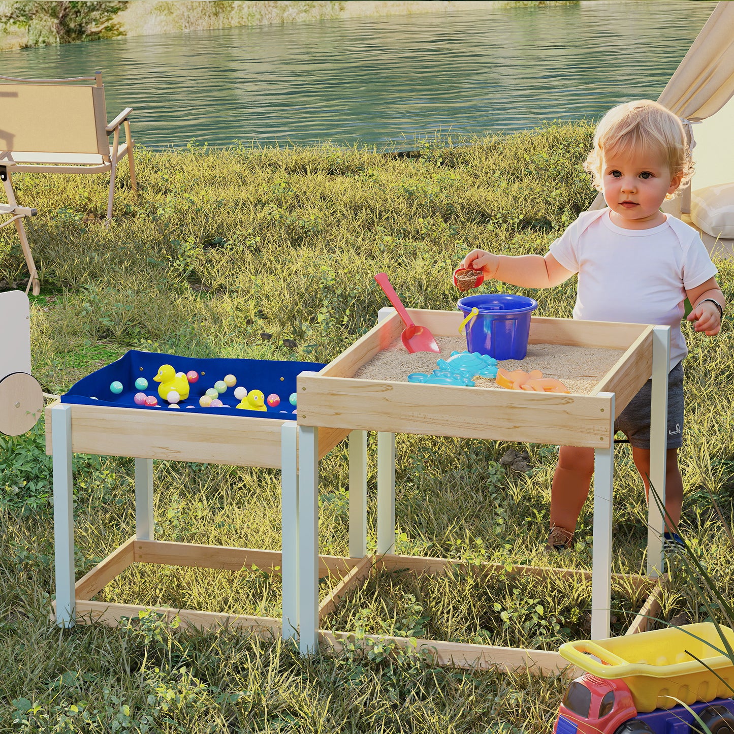 2 PCS Wooden Outdoor Sand and Water Play Tables with Bottom Liner