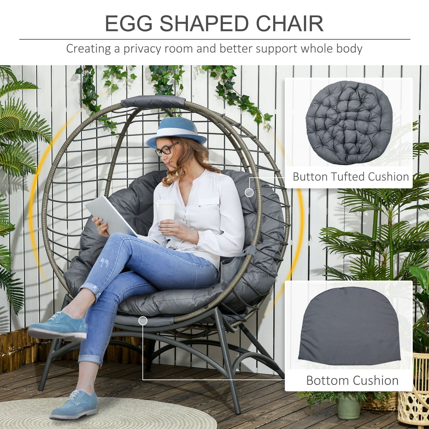 Folding Rattan Egg Chair, Freestanding Basket Chair with Cushion