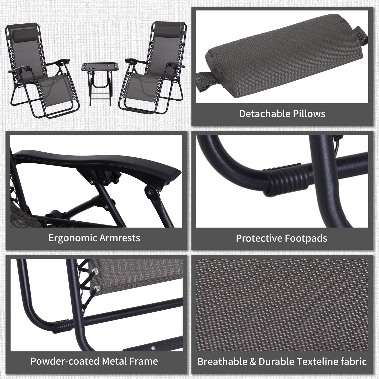 3pcs Folding Zero Gravity Chairs Sun Lounger Table Set w/ Cup