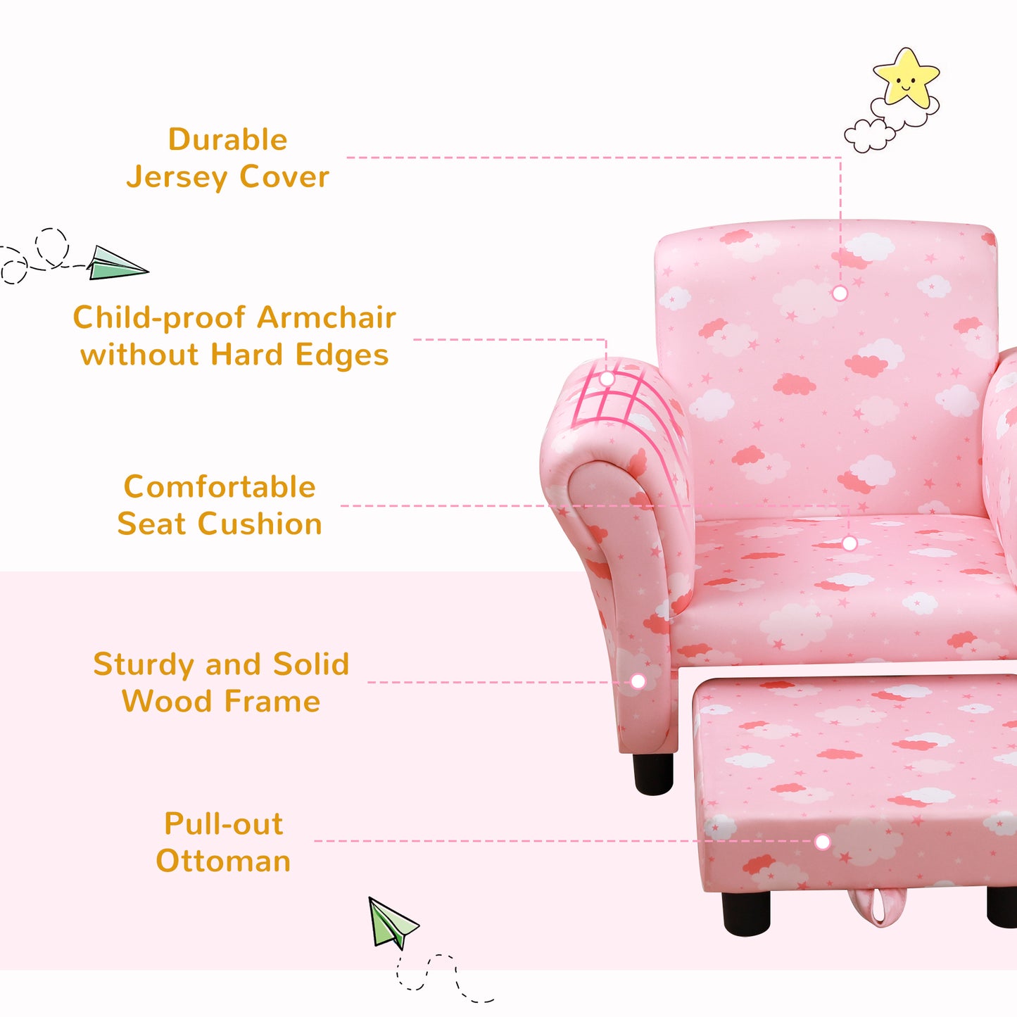 Toddler Chair Children's Armchairs Wood Frame w/ Footrest Anti-Slip