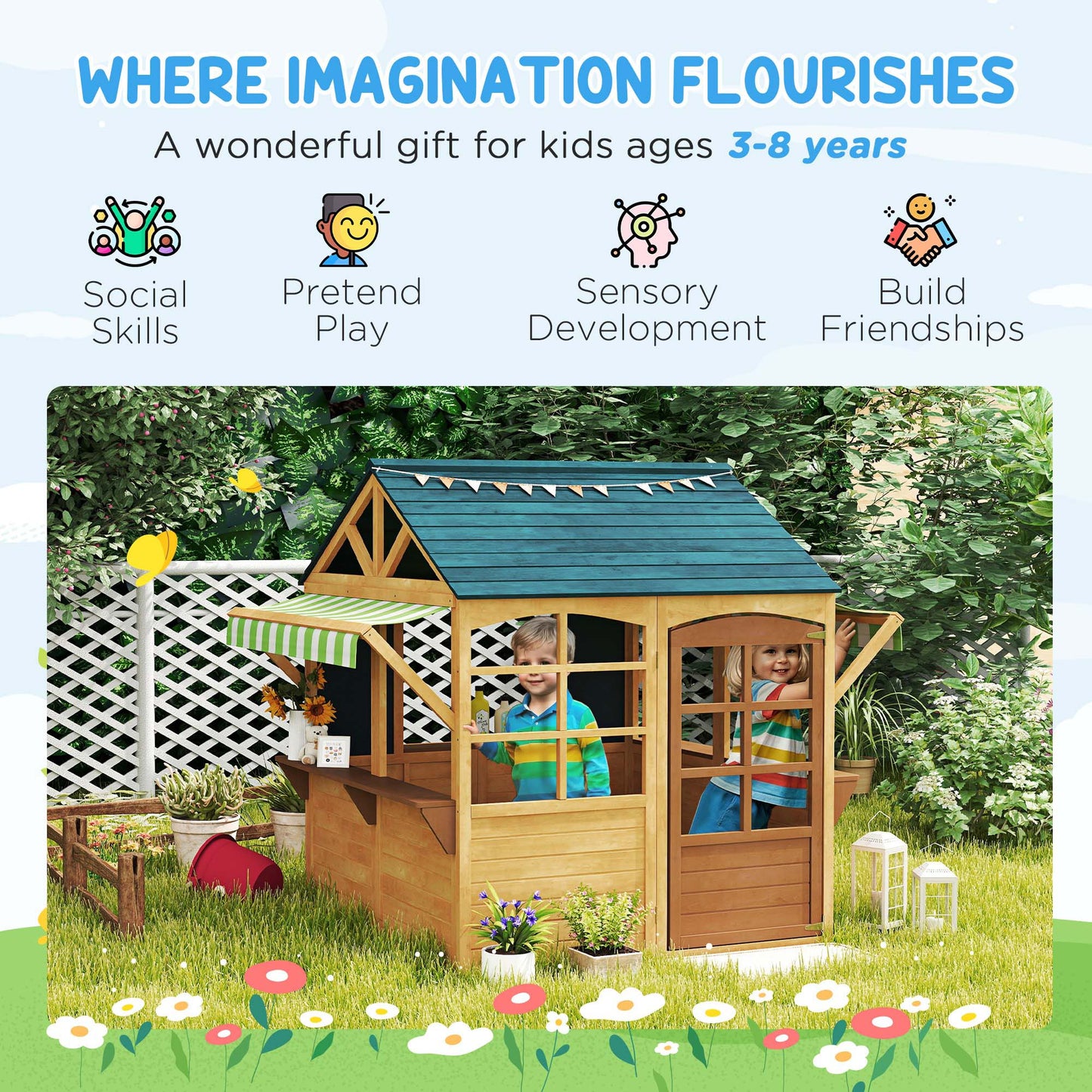 Wooden Playhouse for Kids, Foldable Wendy House with Windows
