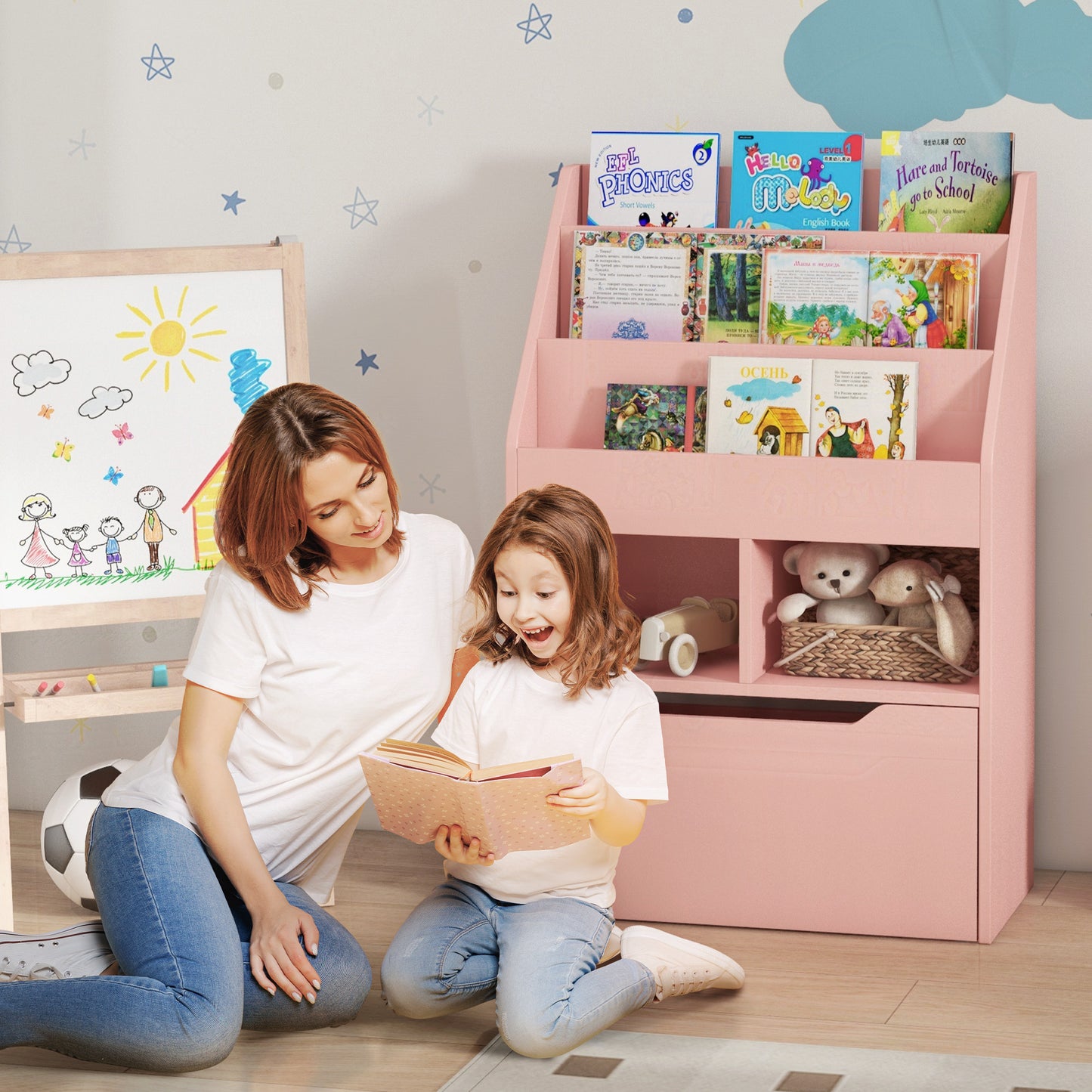 Kids Bookshelf, Toy Organiser, with Storage Drawer, Wheels