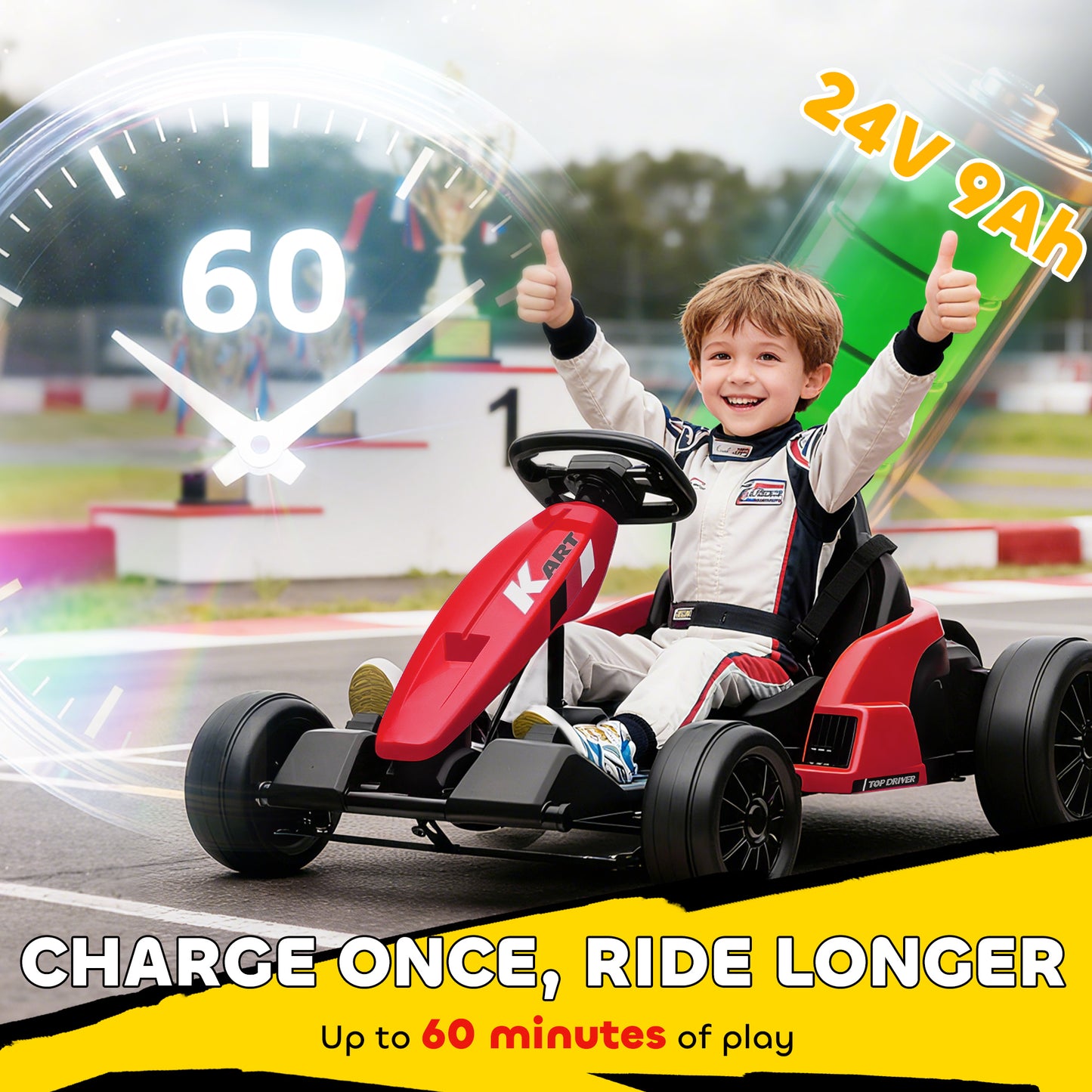 24V Electric Go Kart, Drift Kart with Adjustable Seat, Slow Start