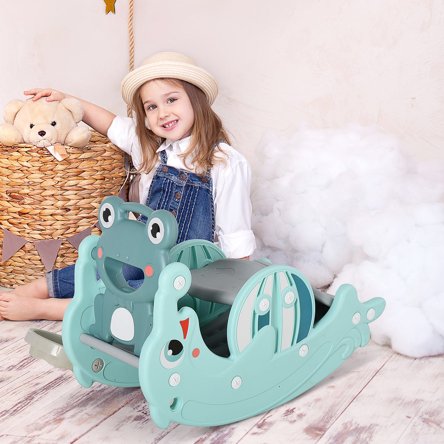 3-in-1 Baby Rocking Horse Portable Slide Basketball Hoop Equipment