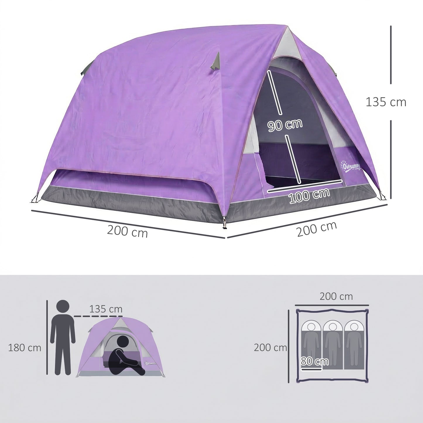 3-4 Person Camping Tent, Easy Set Up 3-4 Man Tent w/ Sewn-in