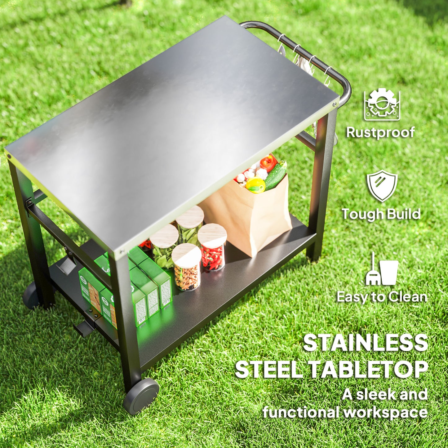 Outdoor Grill Dining Cart 2-Shelf Movable Pizza Oven Table Stand