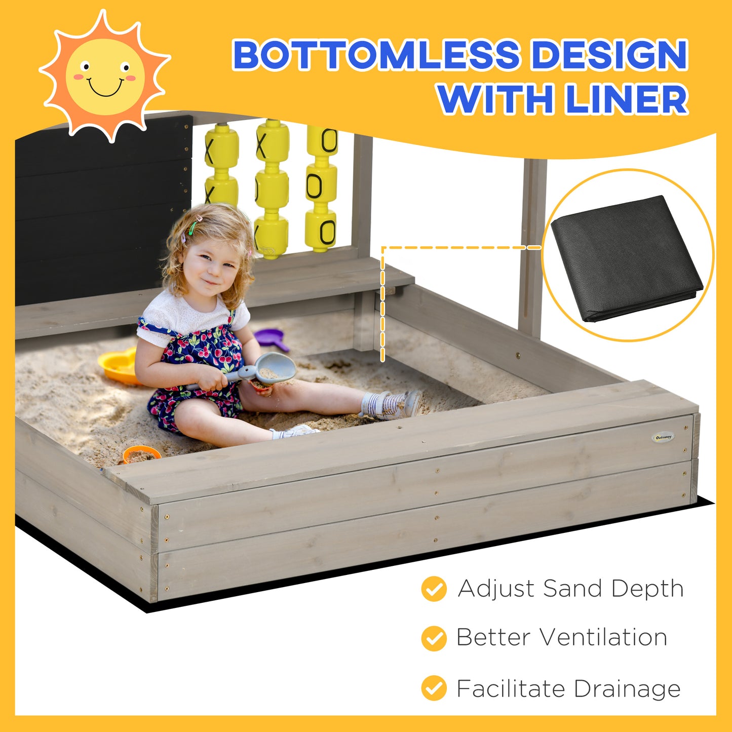 Kids Wooden Sandpit, sandbox with canopy & Seats, for Gardens