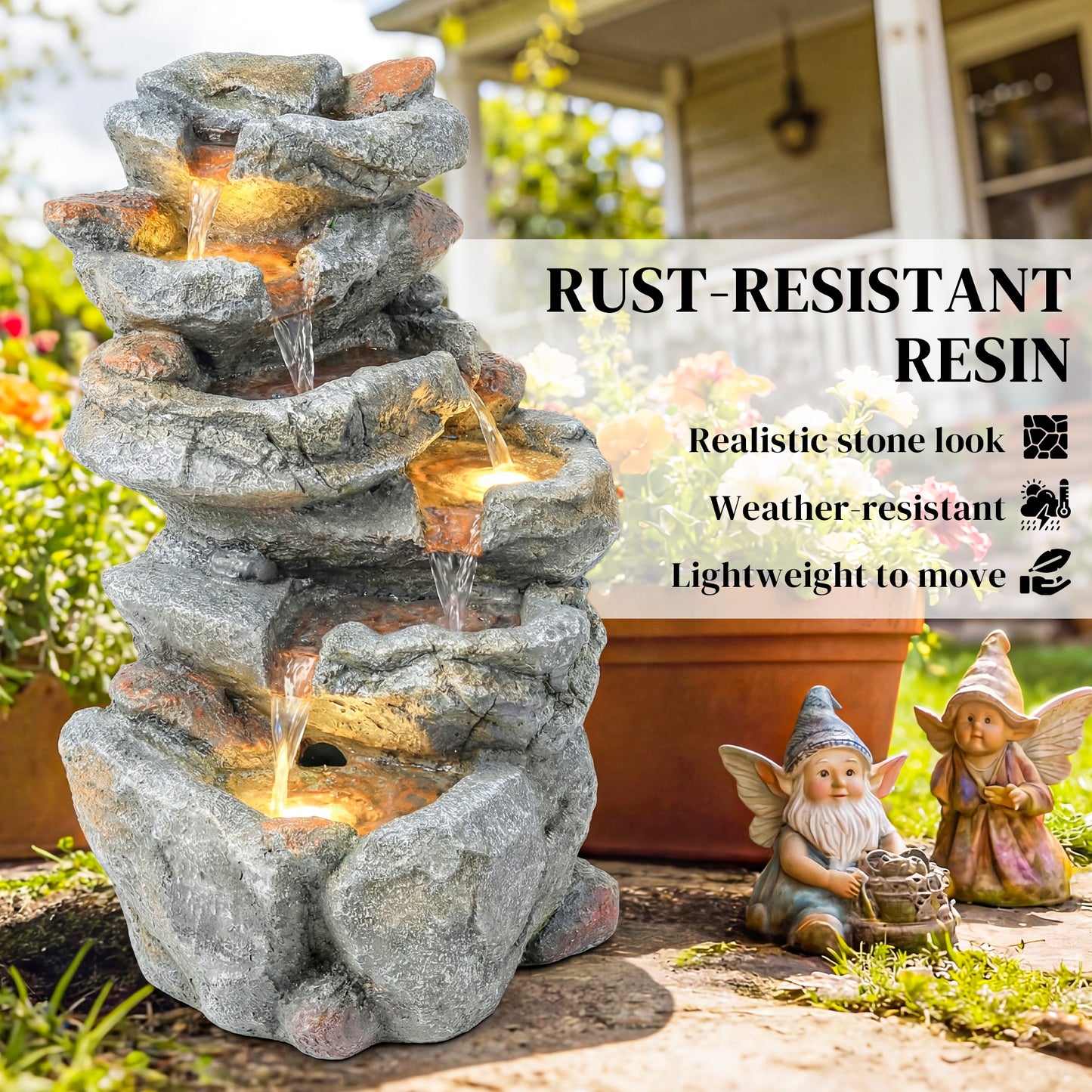 Outdoor Water Fountain with 6-Tier Rock Style