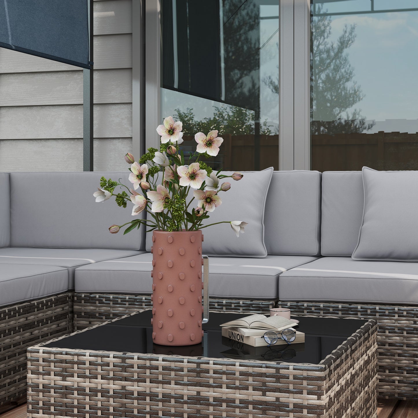 Seven-Piece Rattan Garden Set, with Glass-Top Table