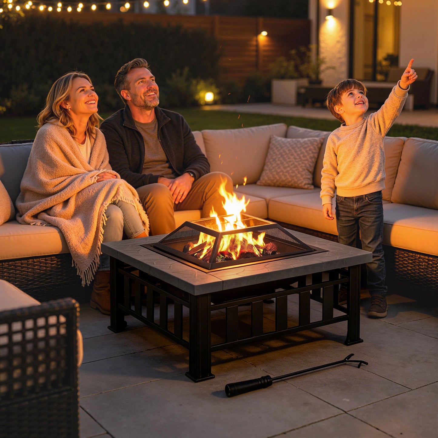 Metal Large Firepit Outdoor Square Fire Pit Brazier with Rain Cover