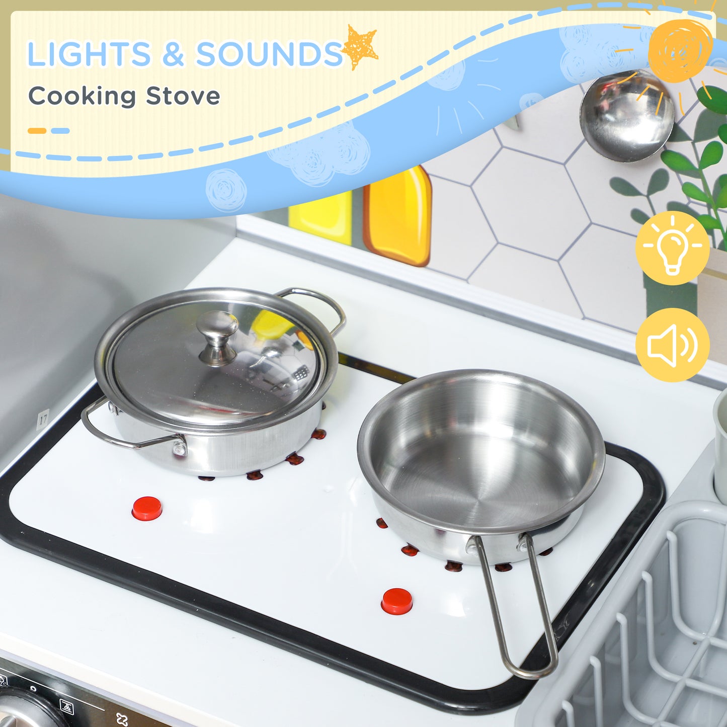Pretend Play Toy Kitchen, Kids Kitchen Playset w/ Sounds, Lights