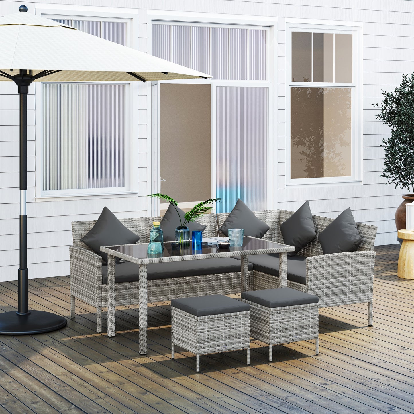 tsunny 6-Seater Rattan Dining Set Sofa Table Footstool Outdoor w/