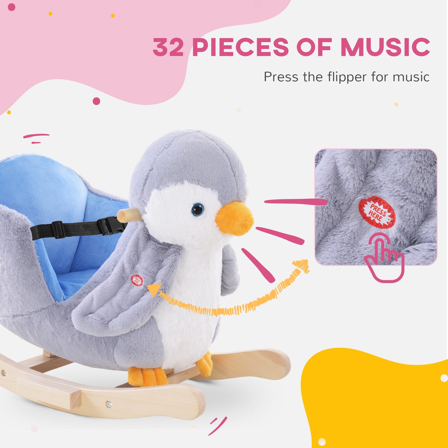Children Kids Animal Rocking Horse Penguin Plush Musical Button 32