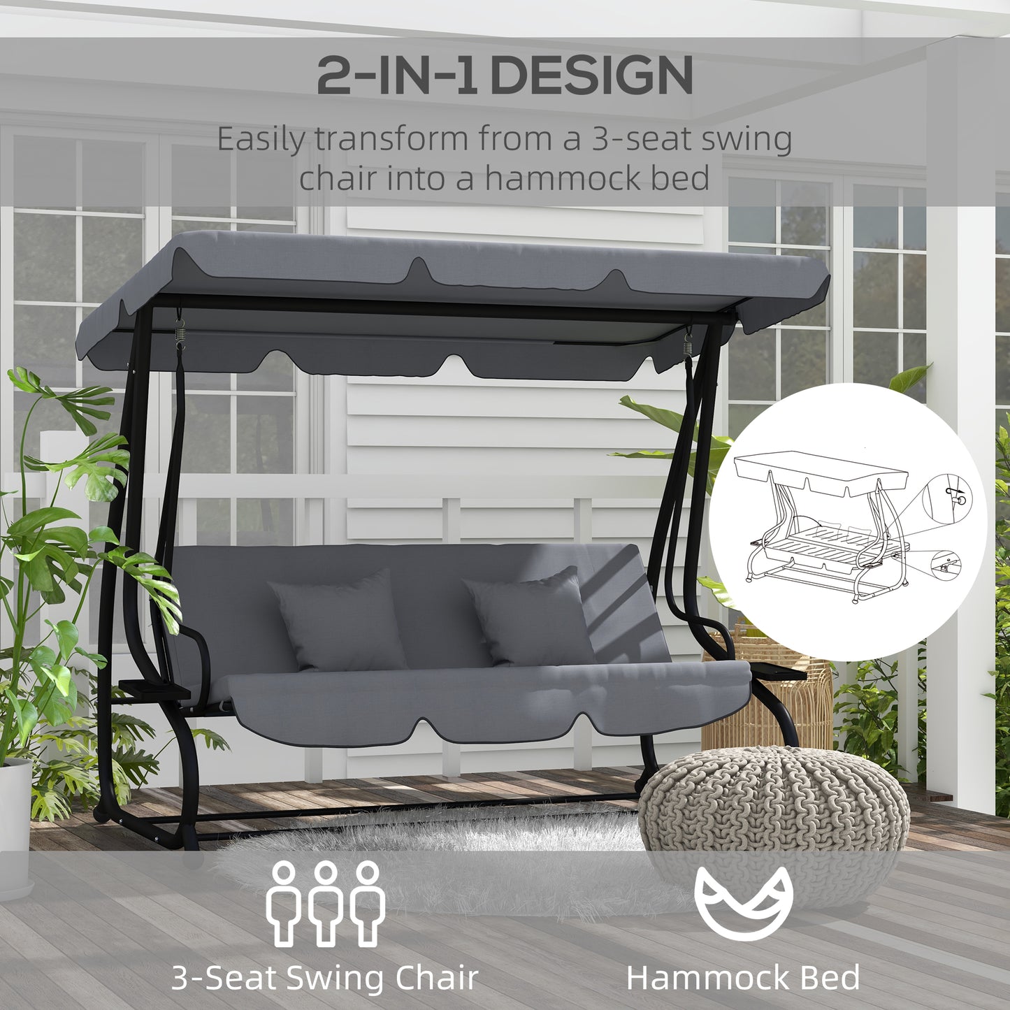 Three-Person garden Swing Chair, with Adjustable Canopy