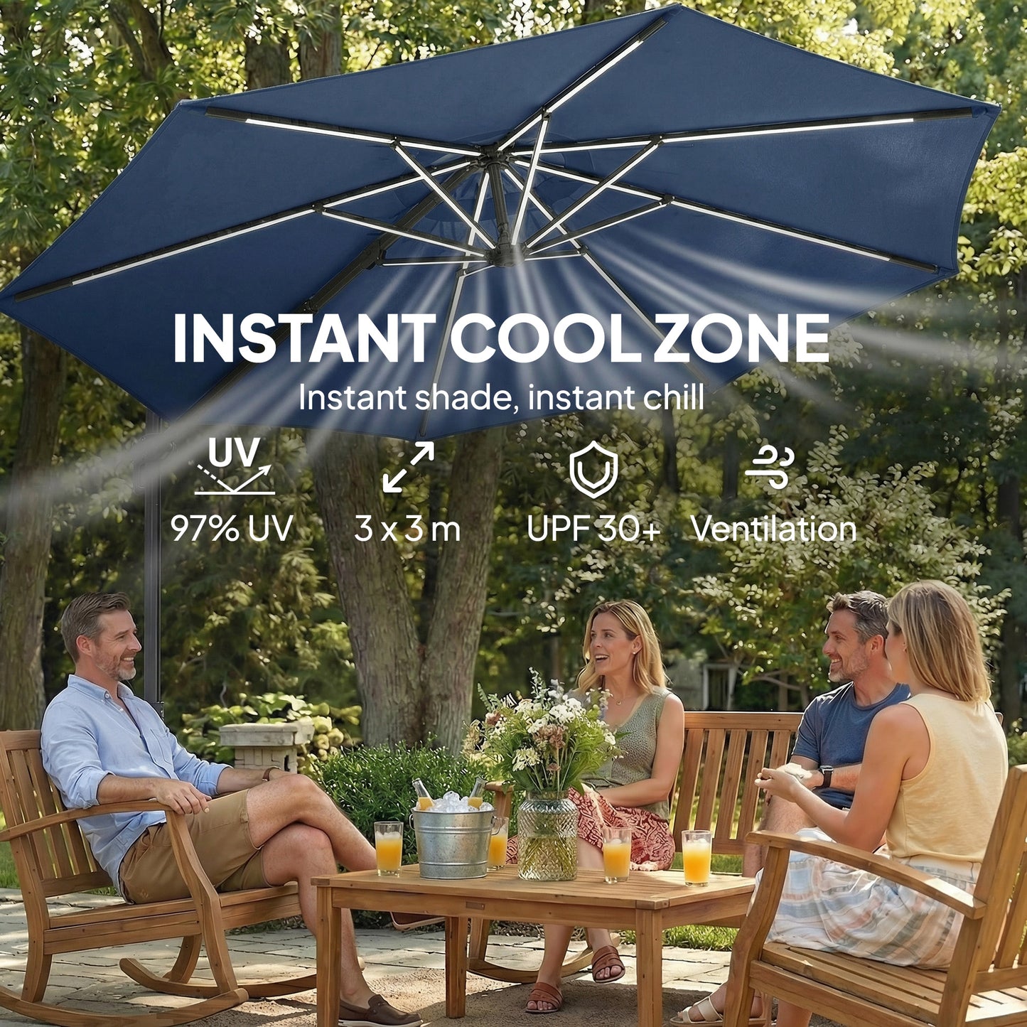 3 m Garden Cantilever Parasol with LED Solar Light