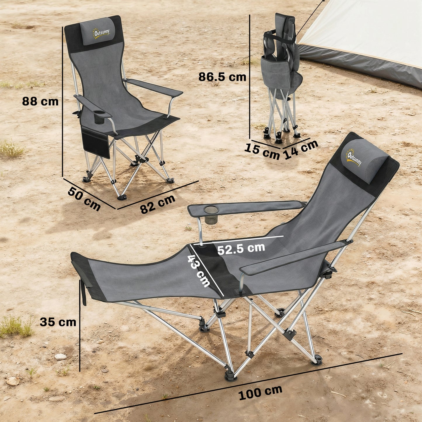 Set of 2 Reclining Folding Camping Chair w/ Detachable Footrest (2)