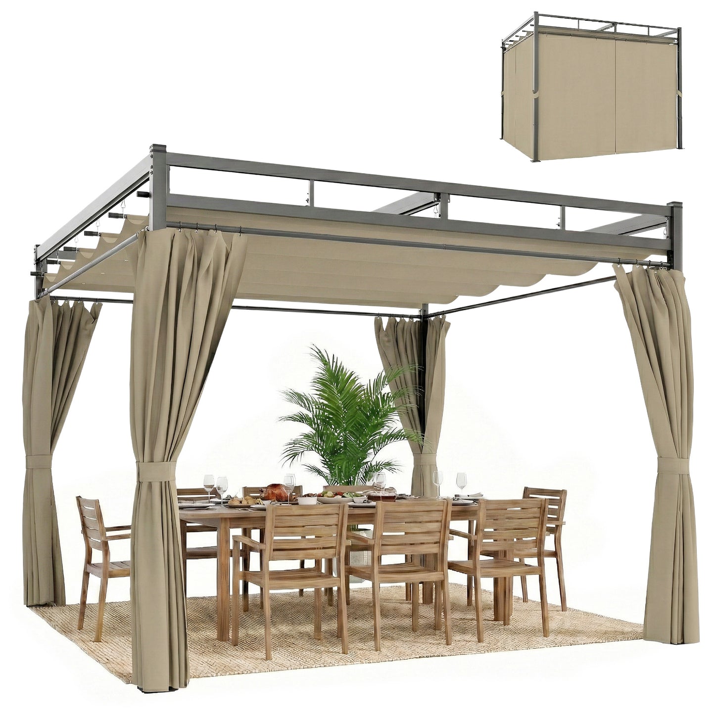 3 x 3 m Pergola with Retractable Roof Canopy and Curtains