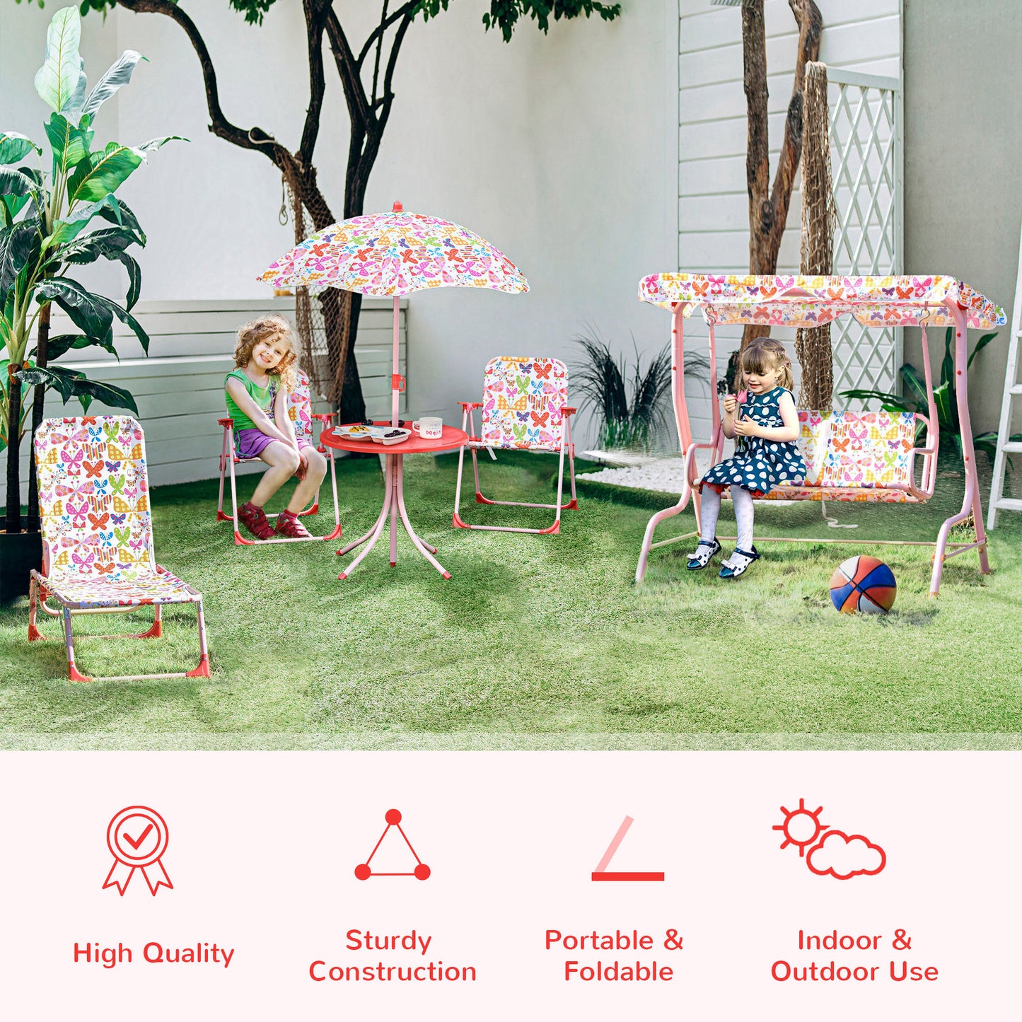 Kids Outdoor Bistro Table and Chair Set Butterfly Pattern Garden