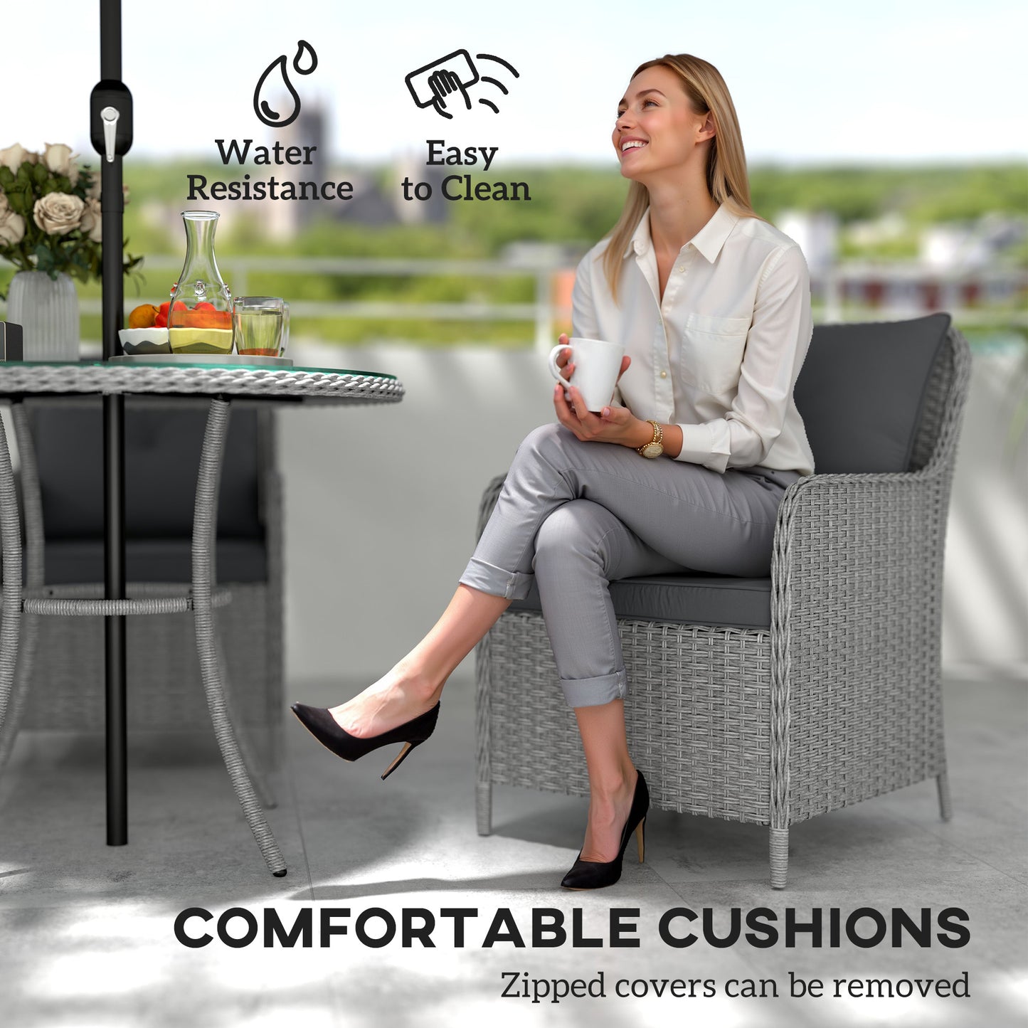 4 Seater Rattan Dining Set with Parasol & Cushions