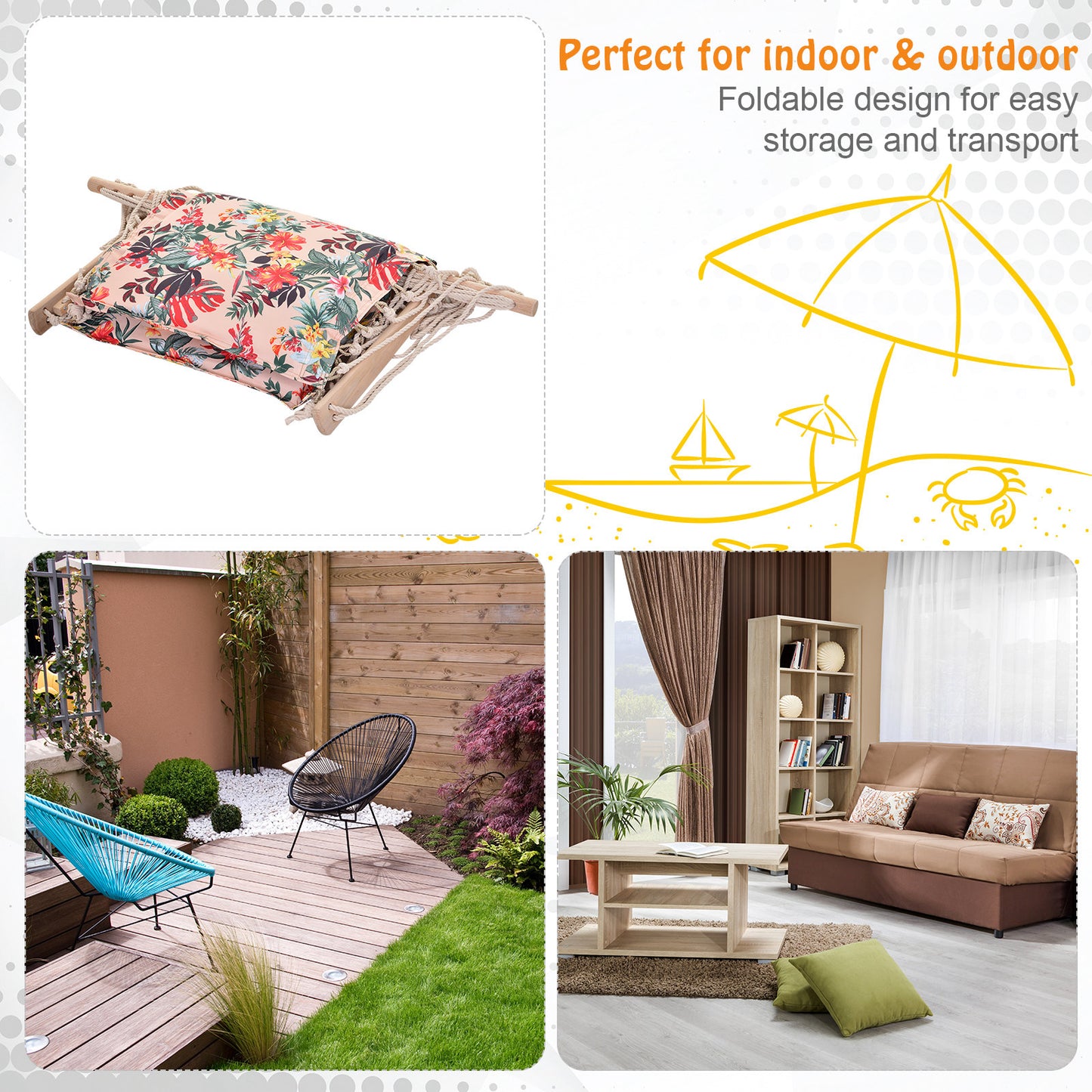 Garden Outdoor Hanging Hammock Chair Thick Rope Frame Wooden Arms