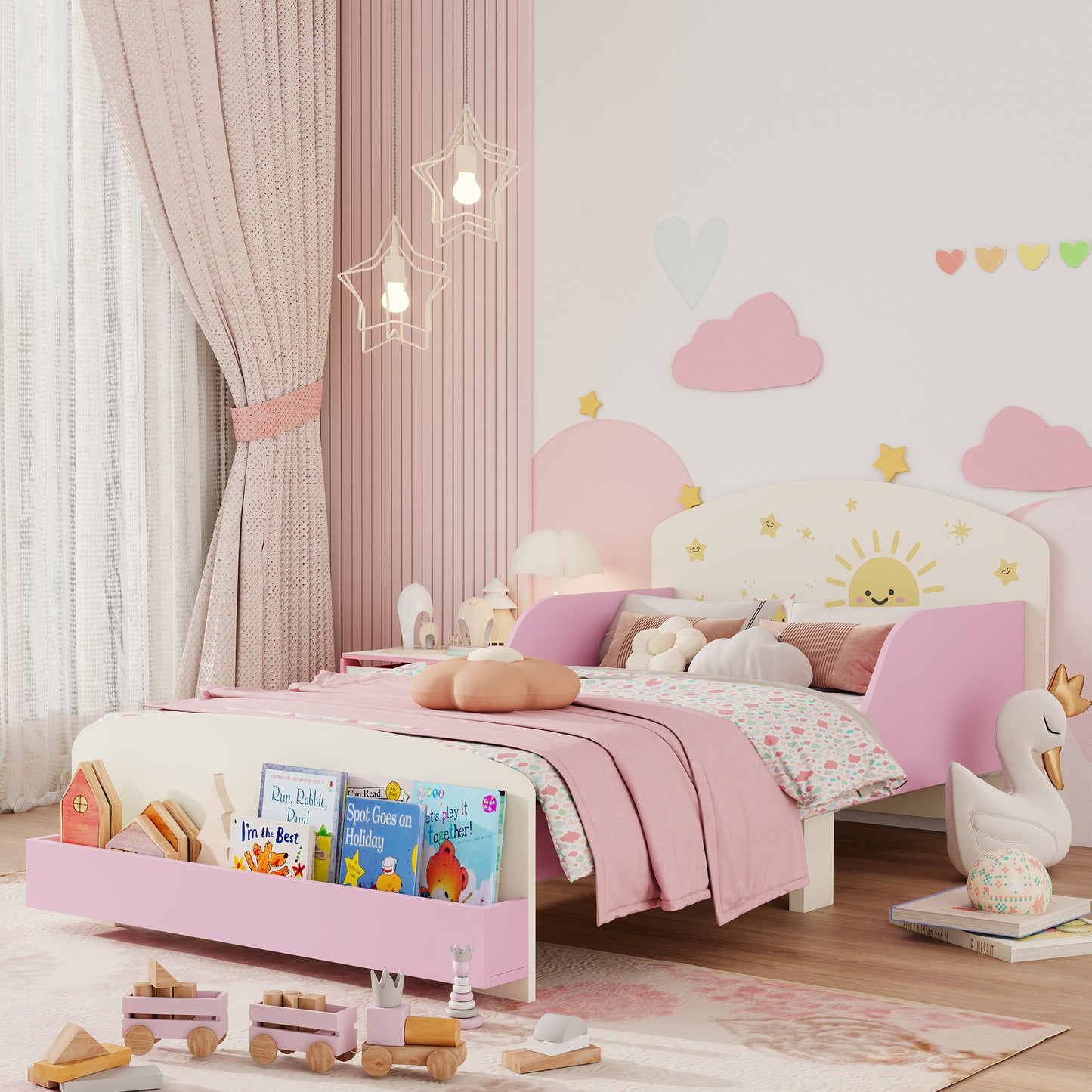 Toddler Bed with Storage, Guardrails, Sun Design, for Ages 3-8 Years