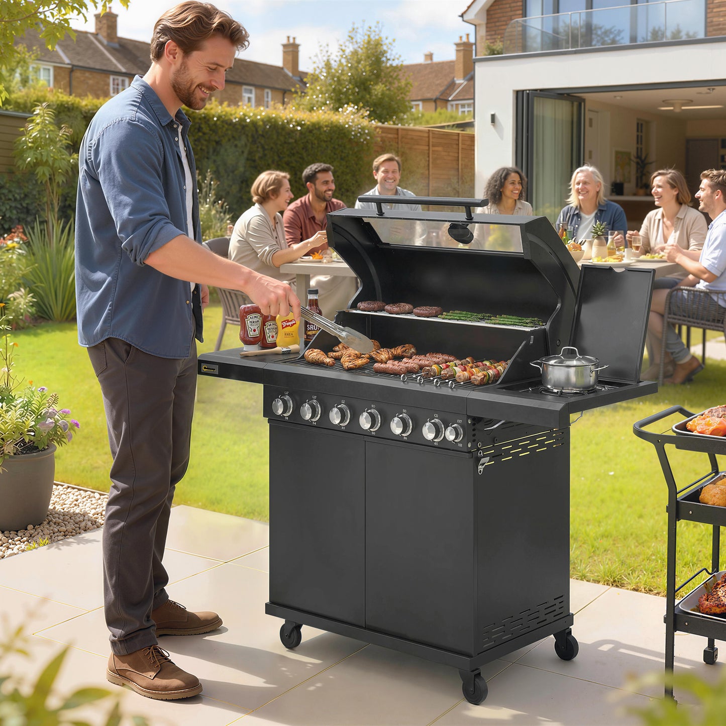 6+1 Burner Gas BBQ Grill, Outdoor Barbecue Trolley with Wheels