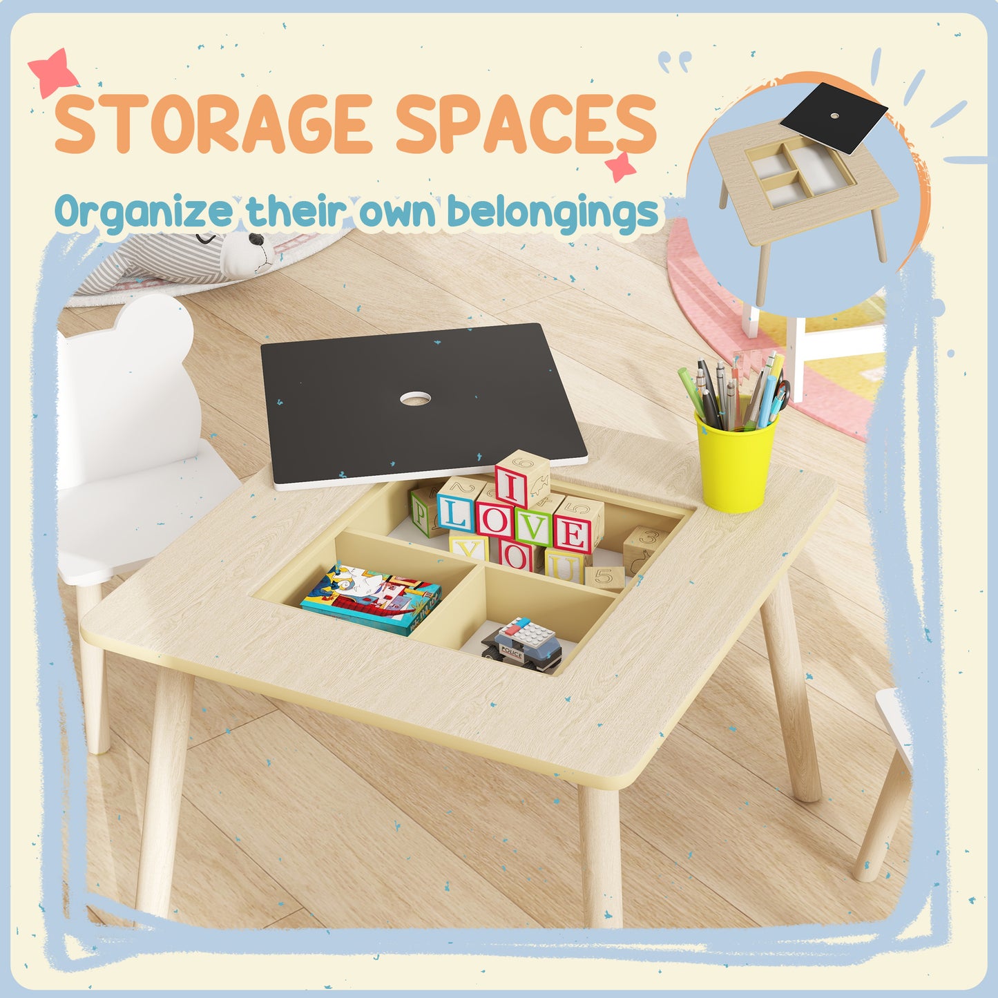 3-Piece Kids Table and Chairs Set with Convertible Desk