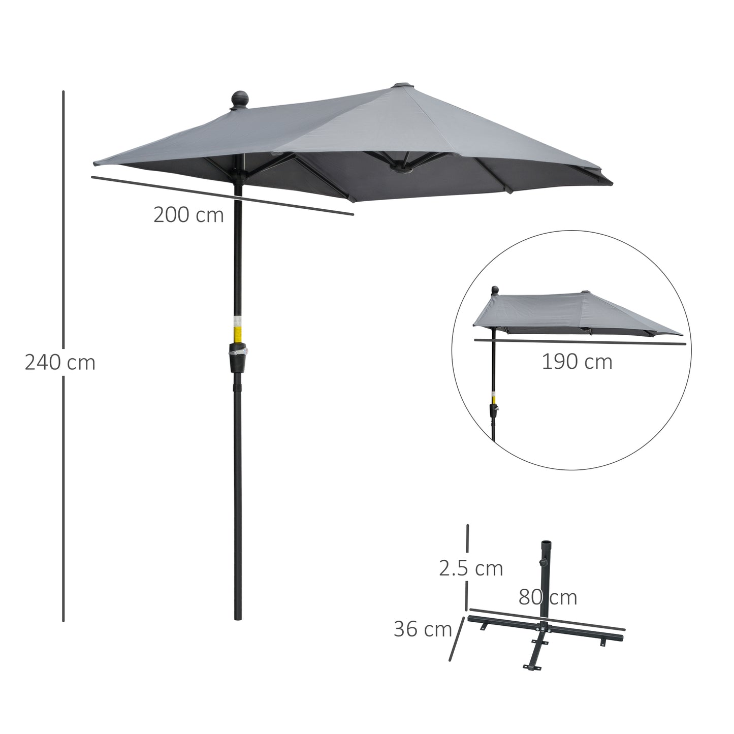 2m Half Parasol Market Umbrella Garden Balcony Parasol