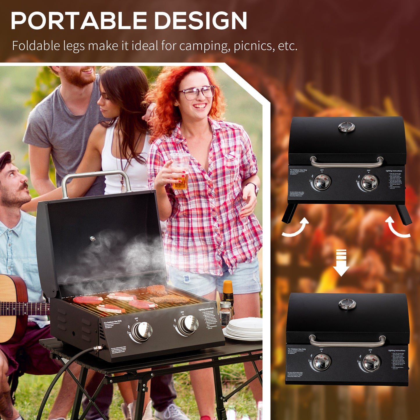 2 Burner Gas BBQ Grill Outdoor Portable Folding Tabletop Barbecue