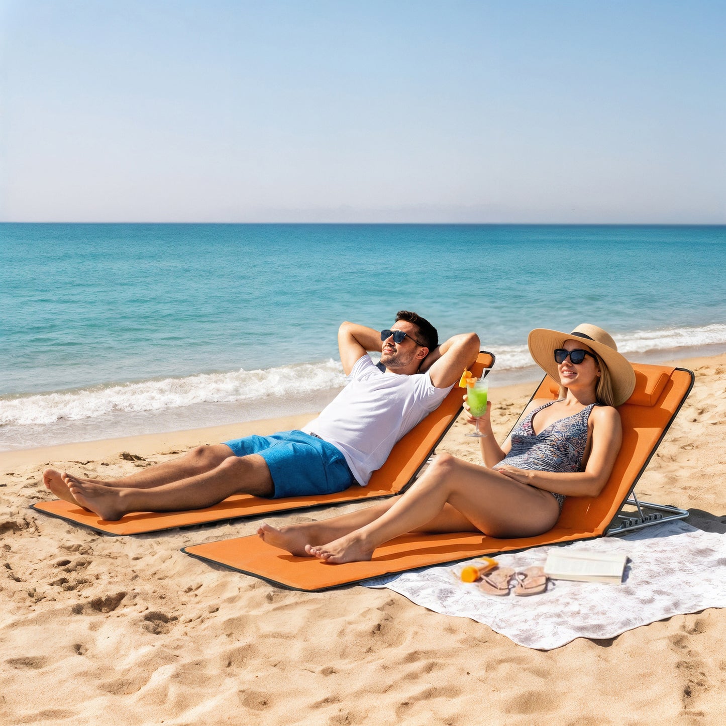 Set of Two Metal Frame Beach Chairs, with Reclining Backs