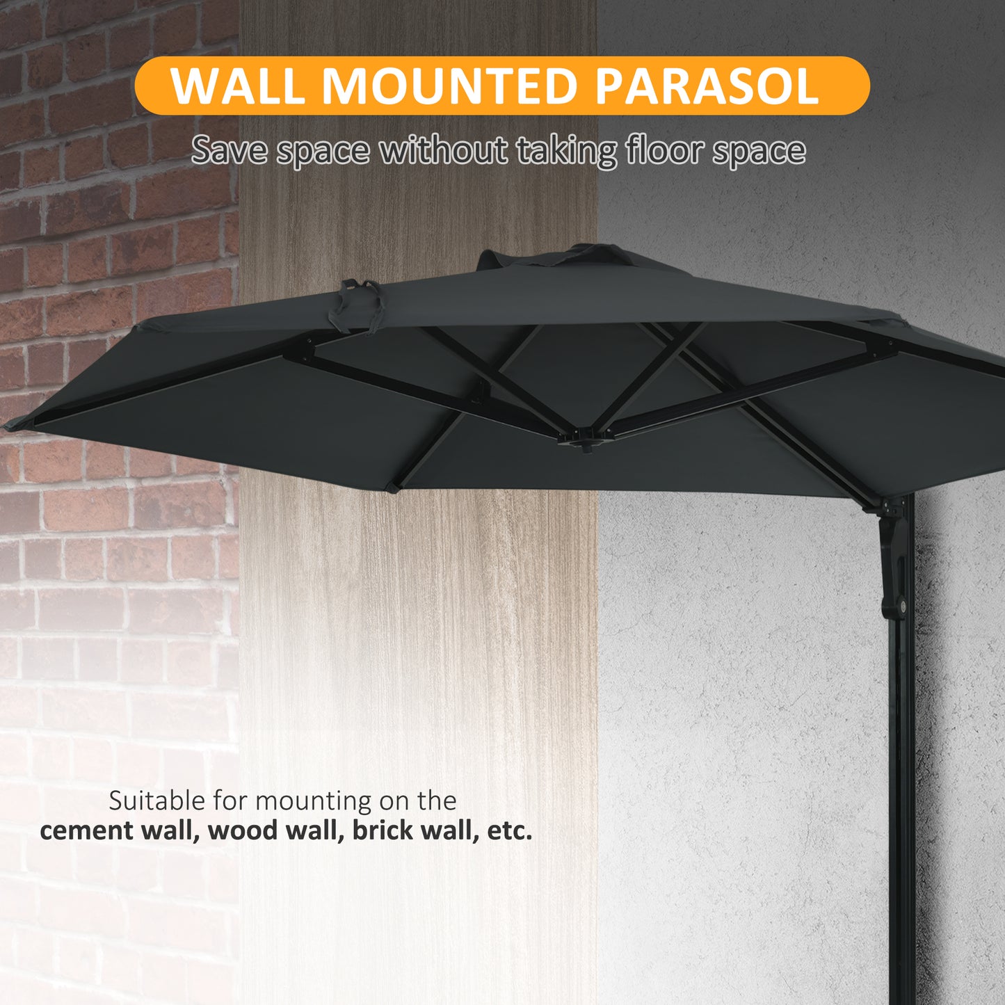 2.5m Wall Mounted Parasol, Hand to Push Outdoor Patio Umbrella