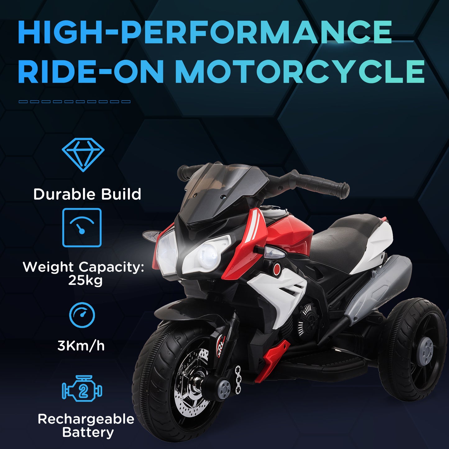 Kids Electric Motorcycle Ride-On Toy, with Three Wheels, Music, Horn