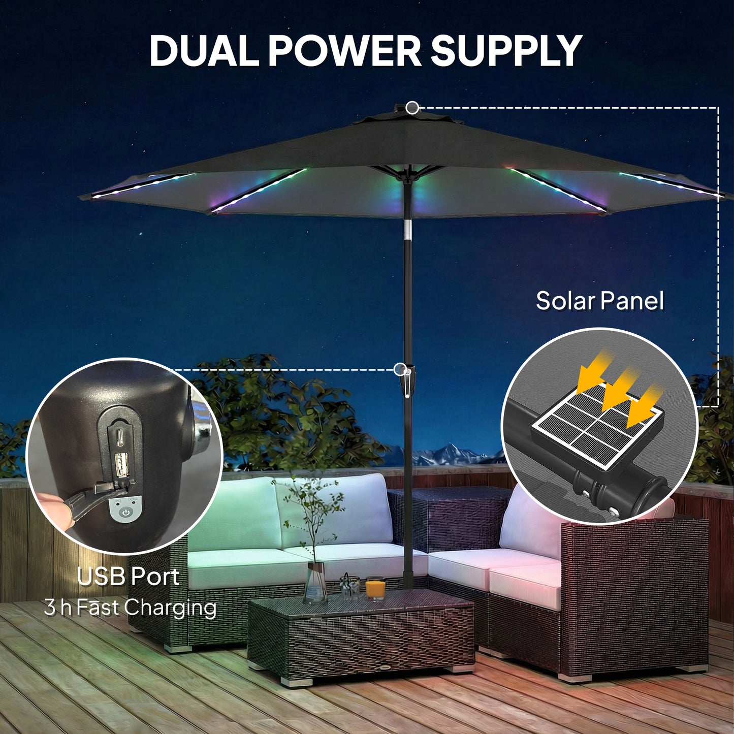 3 m Garden Parasol Umbrella with 112 Solar Powered LED Lights