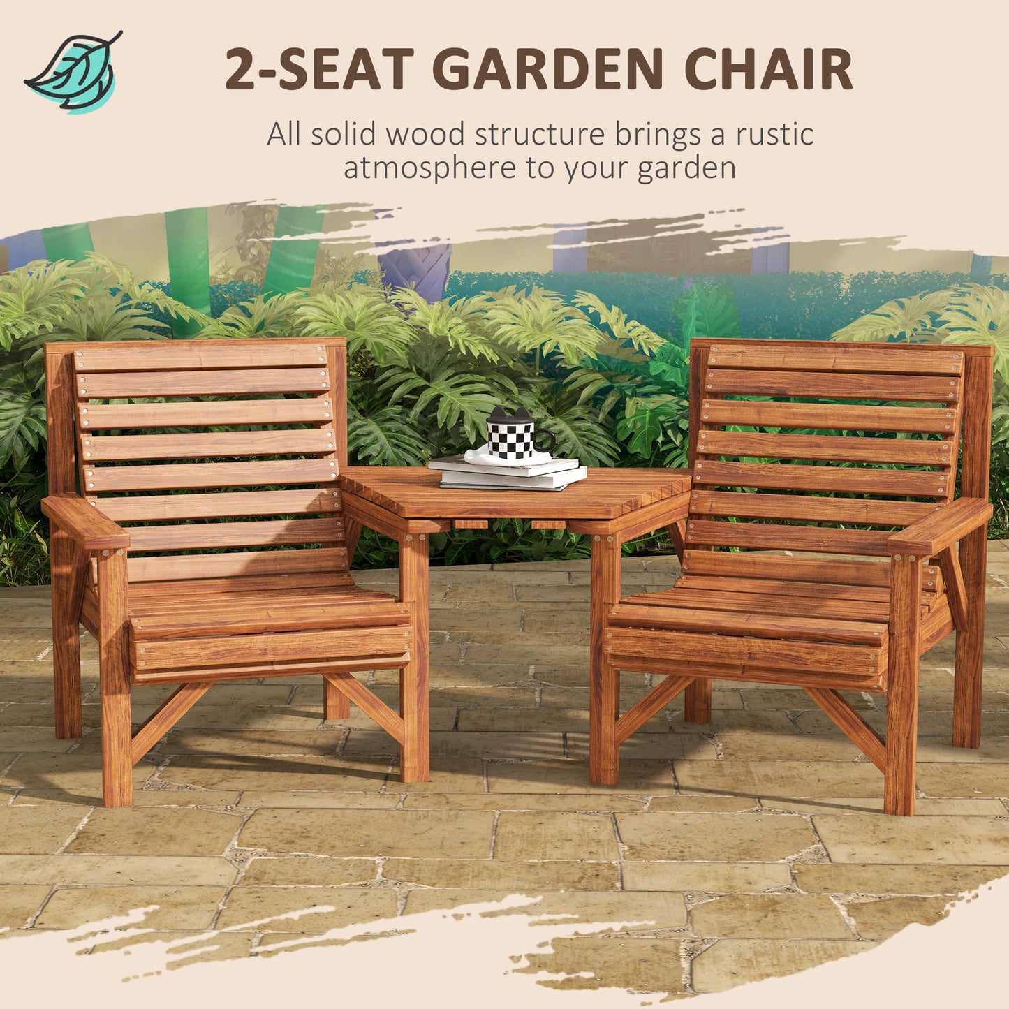 Wooden Garden Love Seat w/ Coffee Table Umbrella Hole, Tan