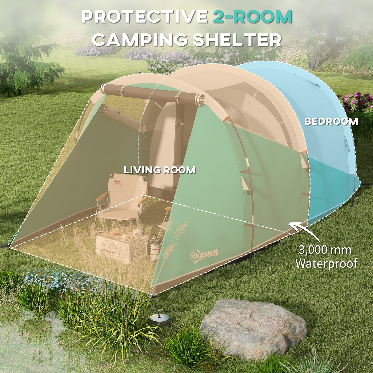 Three-Man, 3000mm Water-Resistant Two-Room Tunnel Tent