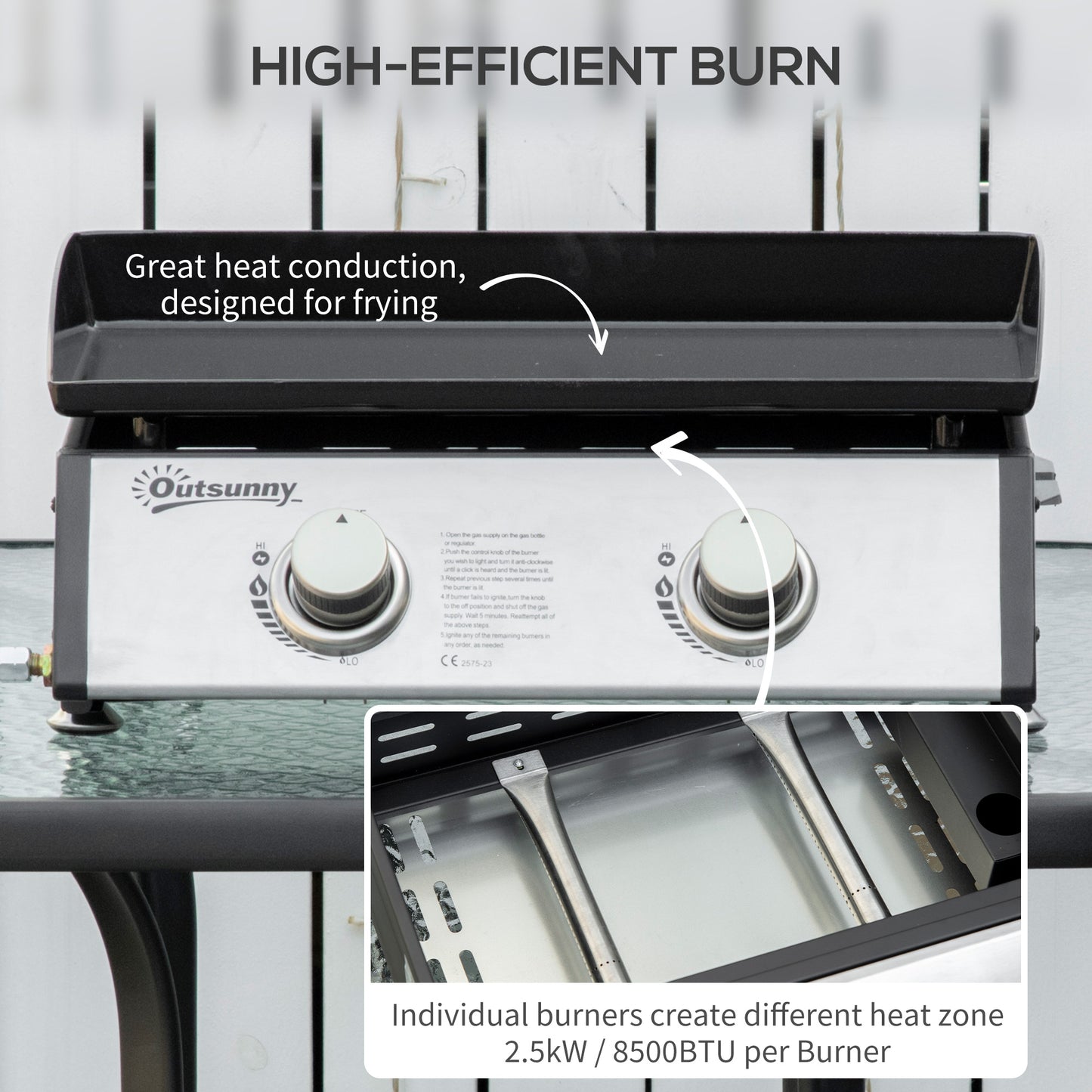 Portable Tabletop Gas Plancha Grill w/ 2 Stainless Steel Burner, 5kW
