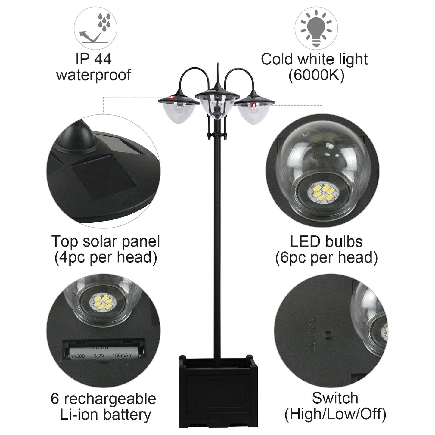 189cm 3-head Solar Lamp Post, Street Light with Planter