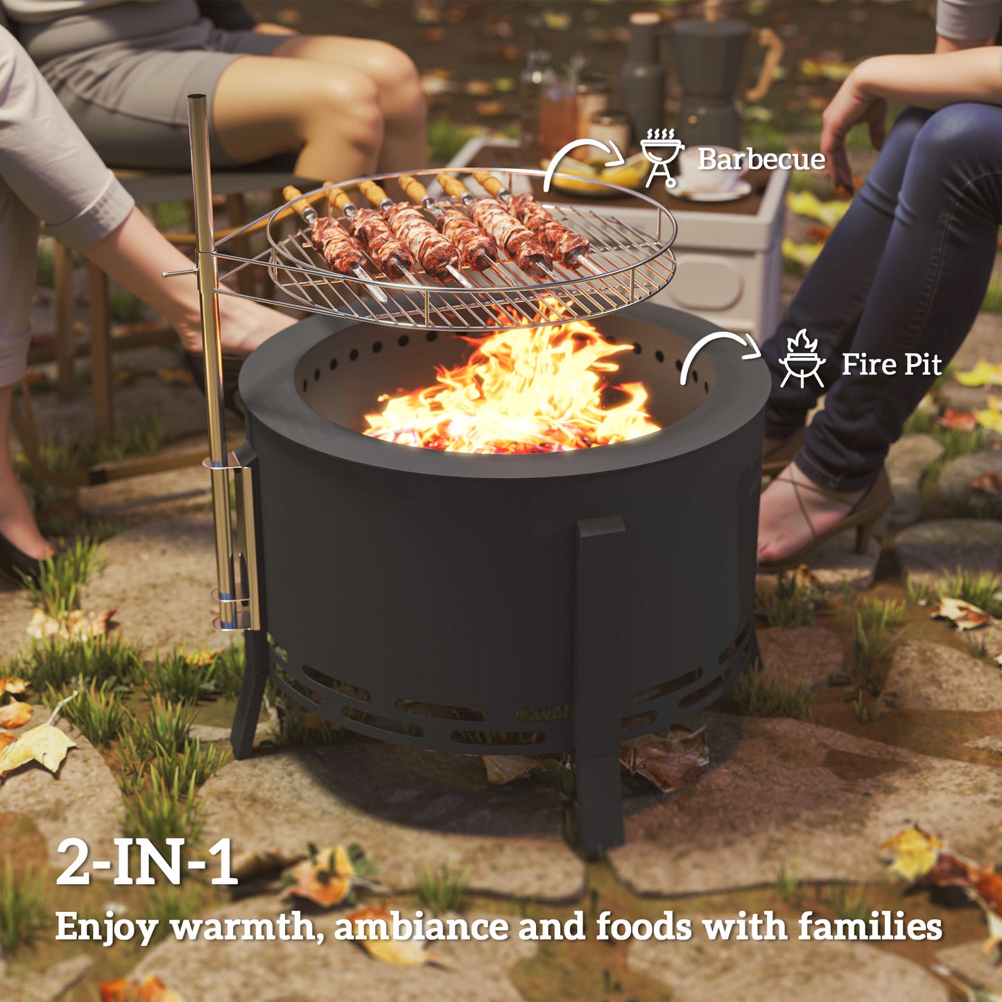 Portable Fire Pit, 58 cm Round Firepit with Grill Grate