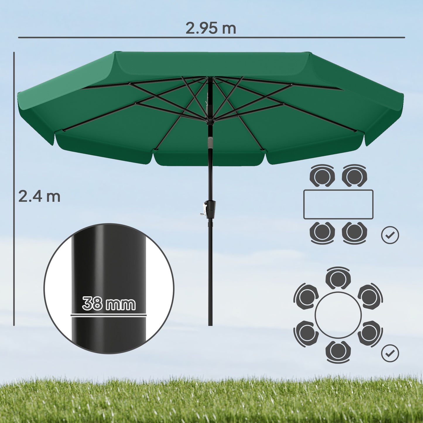 3 m Garden Parasol with Tilt Mechanism & Crank Handle