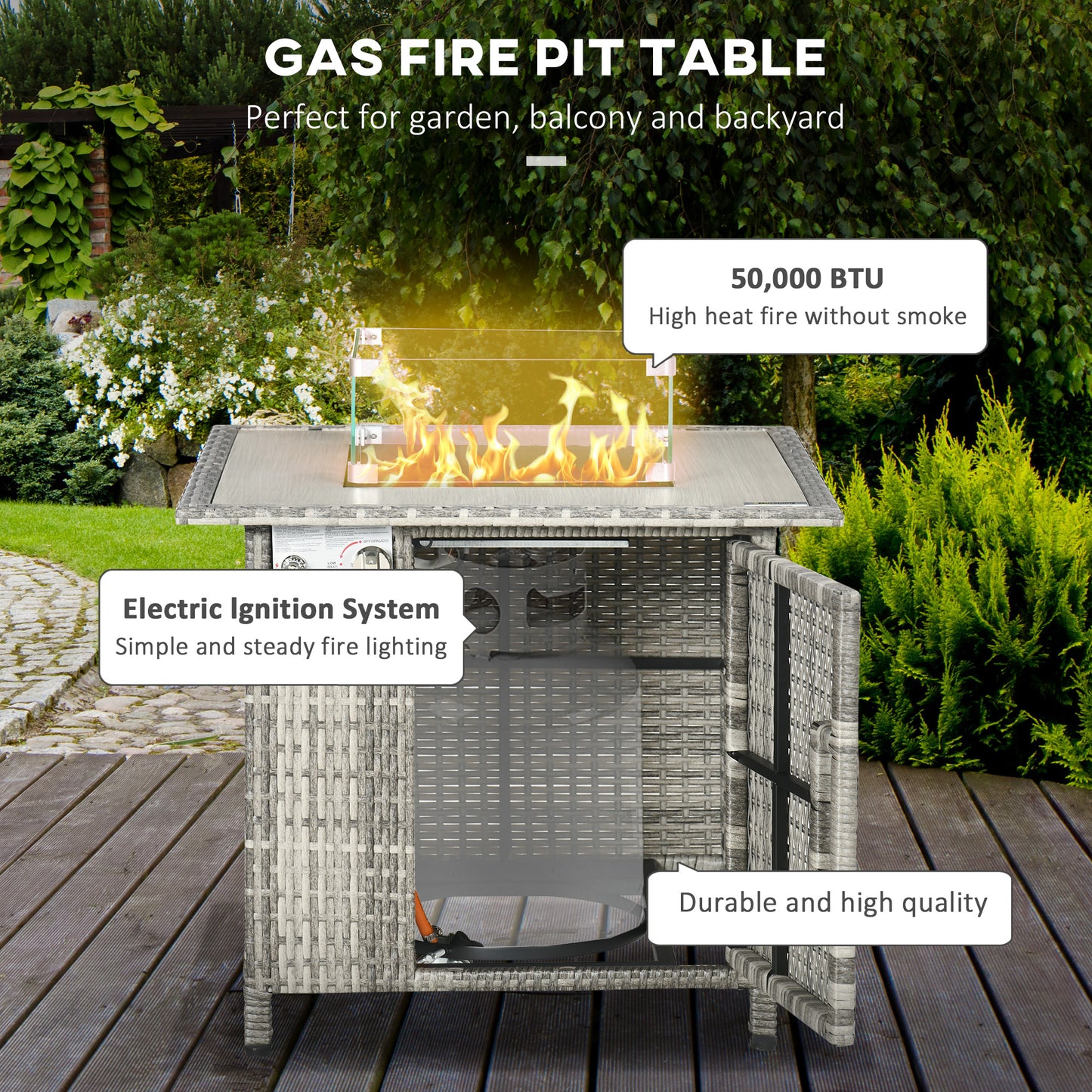14.5 KW Rattan Gas Fire Pit Dining Table with Rain Cover, Wind Guard