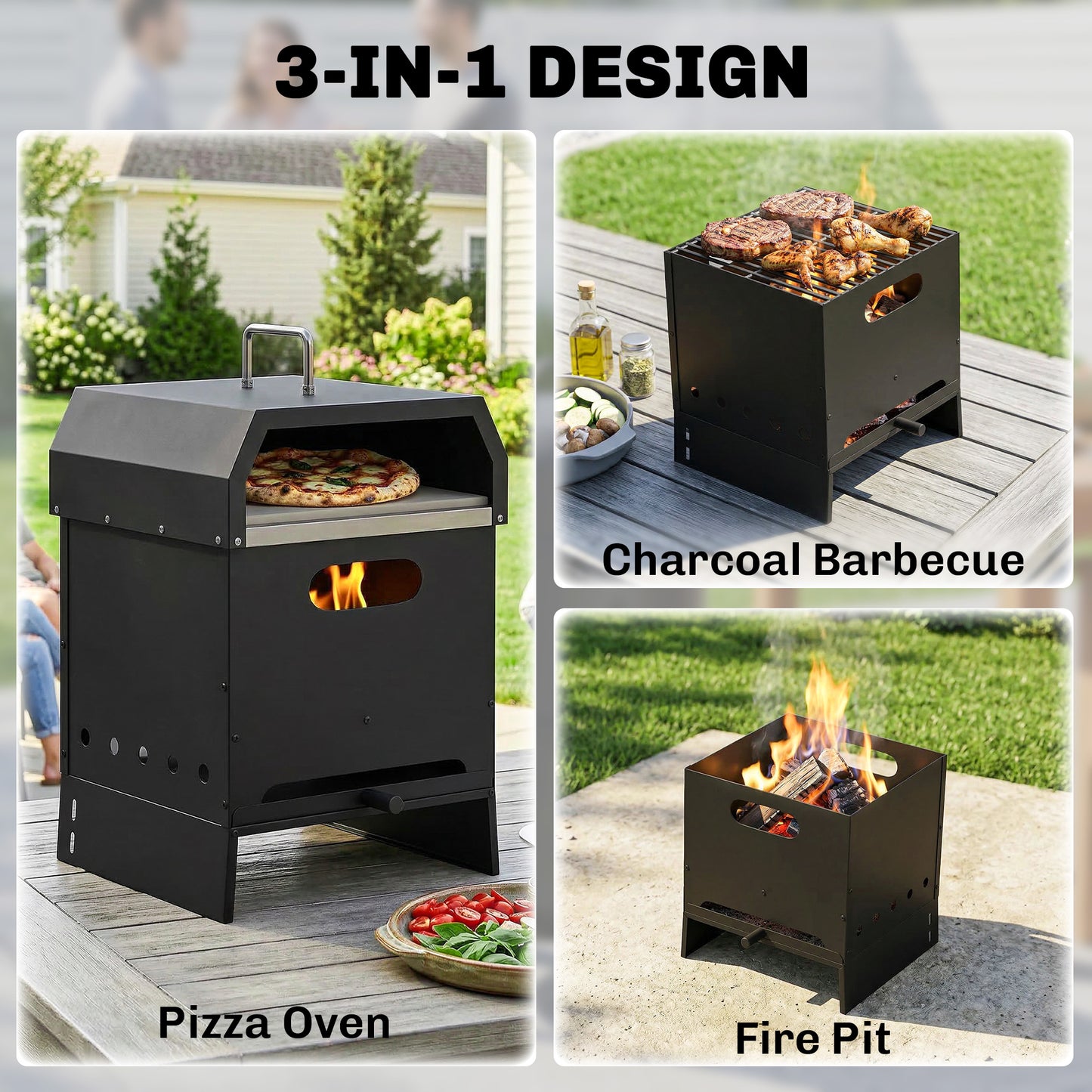 3 in 1 Outdoor Pizza Oven, Portable Wood Fired Pizza Maker