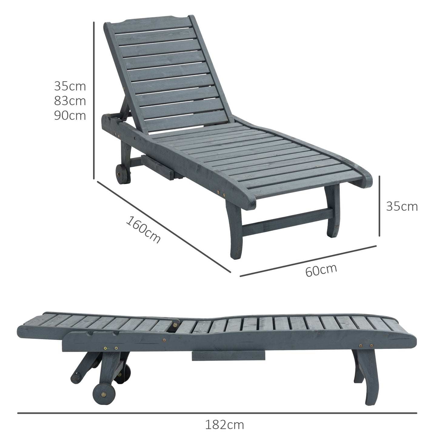 Garden Patio Sun Lounger, Outdoor Wooden Sun Bed with Built-In Table