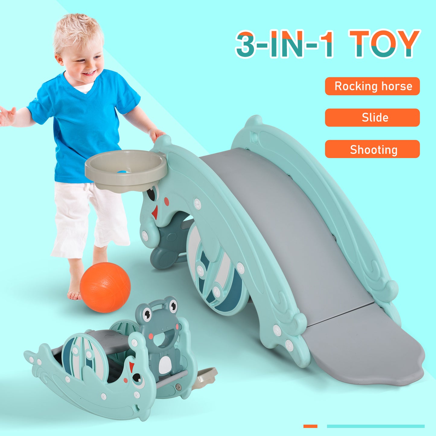 3-in-1 Baby Rocking Horse Portable Slide Basketball Hoop Equipment