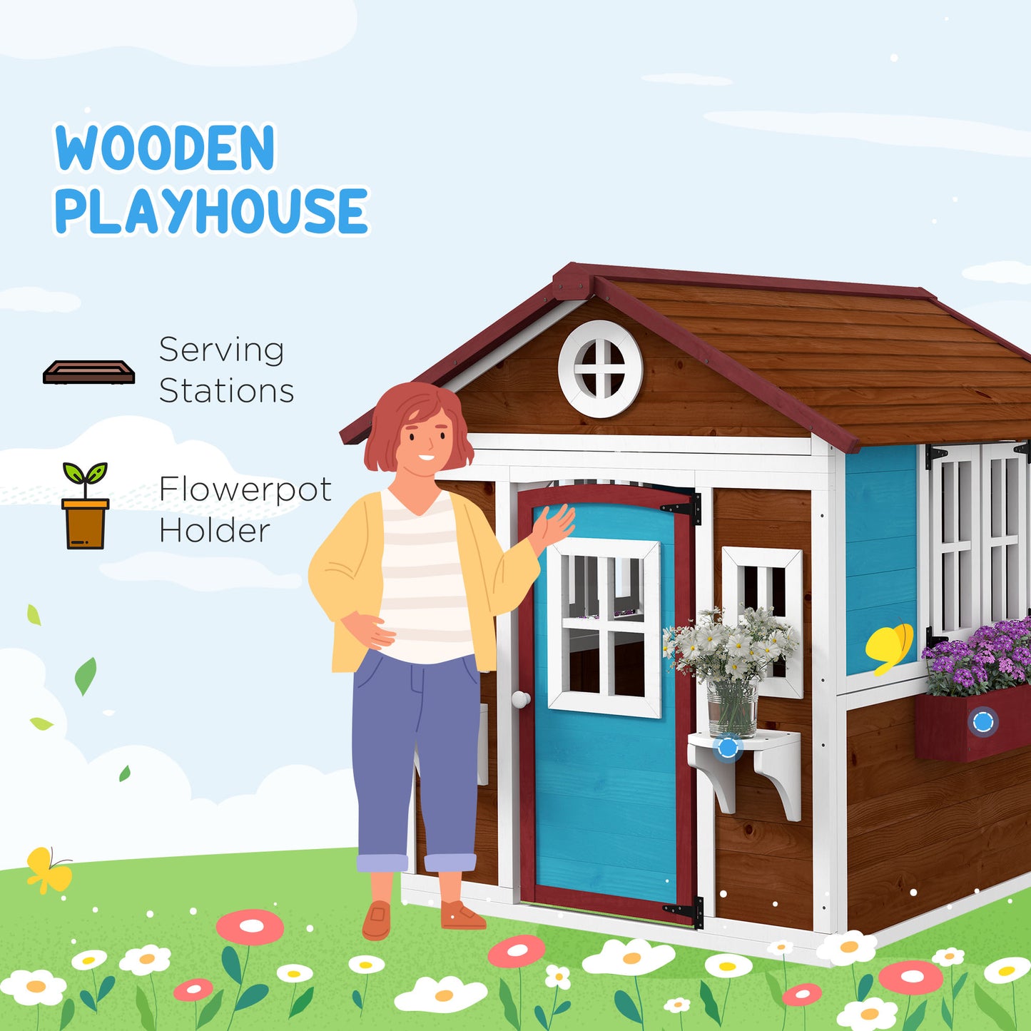 Wooden Playhouse with Doors, Windows, Plant Pots, Boxes, for 3-8 Years