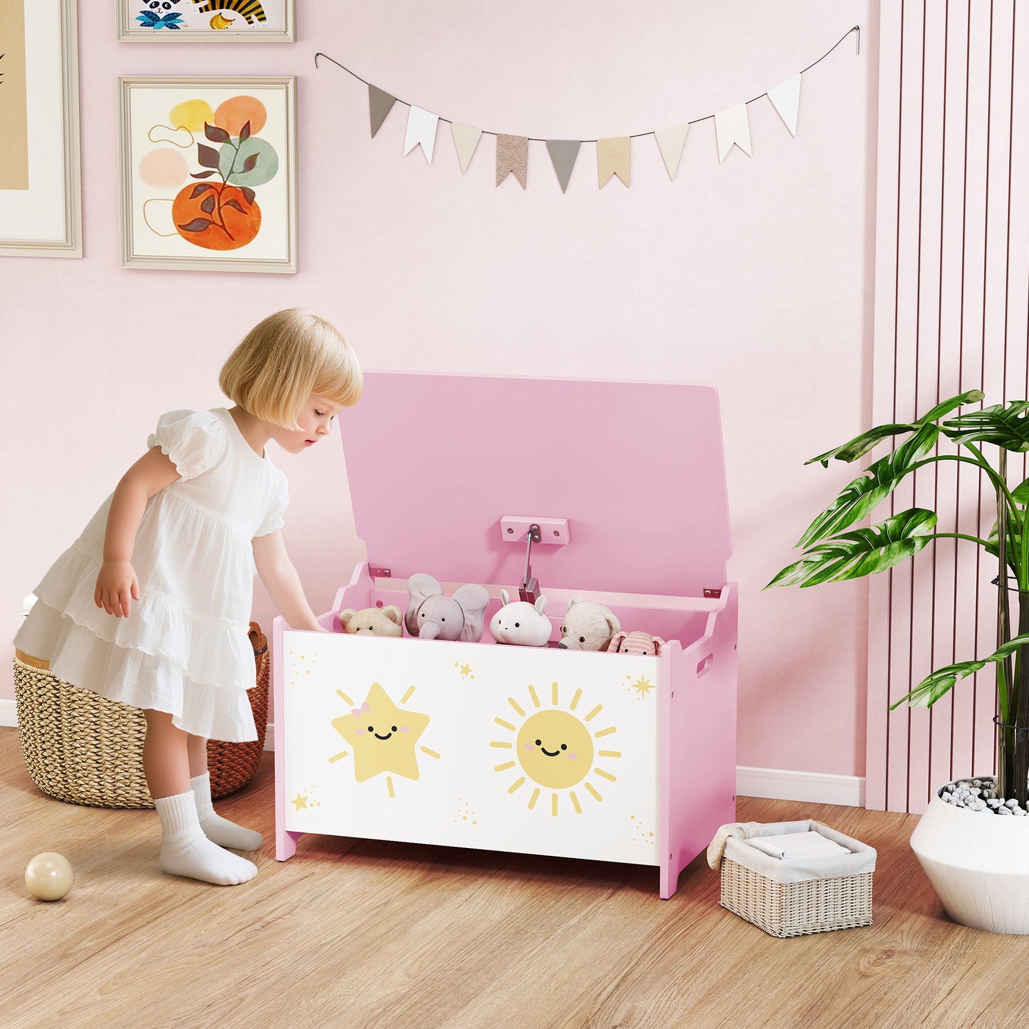 Toy Box with Lid, Safety Hinges and Groove Handles