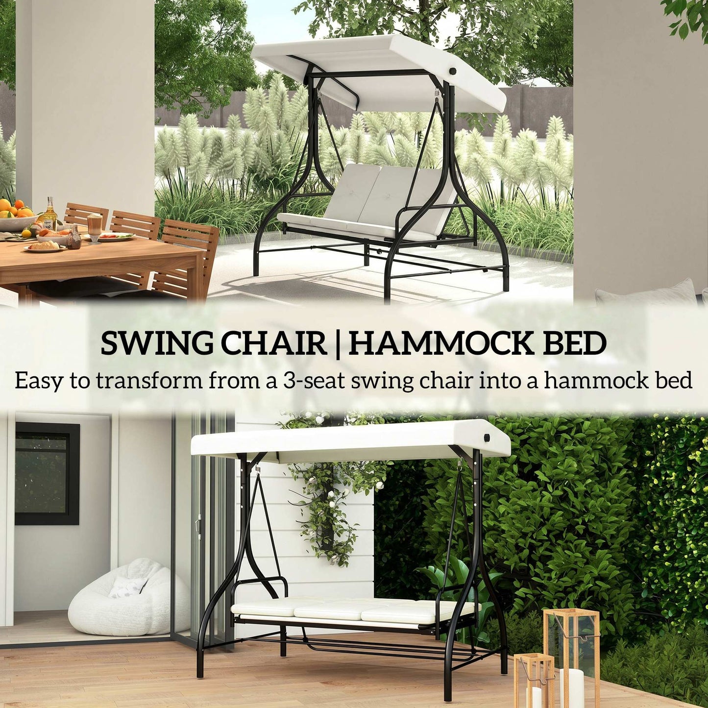 3 Seater Canopy Swing Chair, 2 in 1 Garden Swing Seat Bed