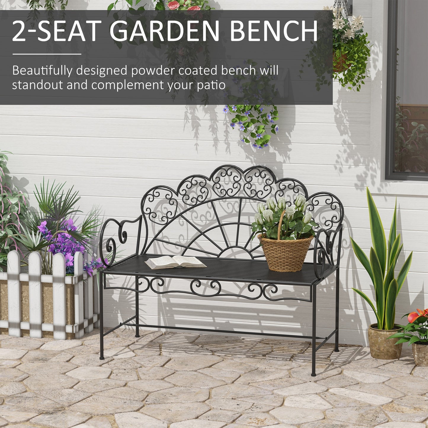 Metal Garden Bench Loveseat with Slatted Seat (1)